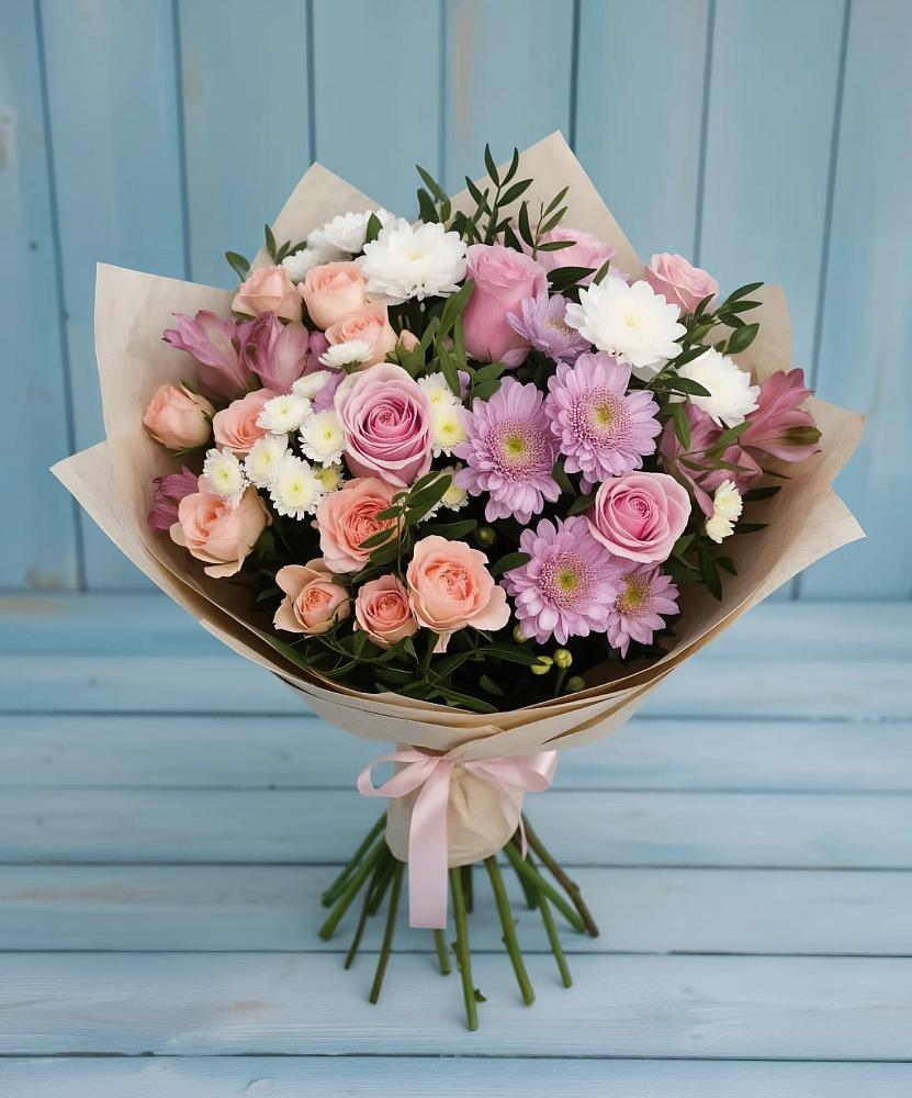Букет цветов из: Хризантемы, Розы и Альстромерии в Митрофановке