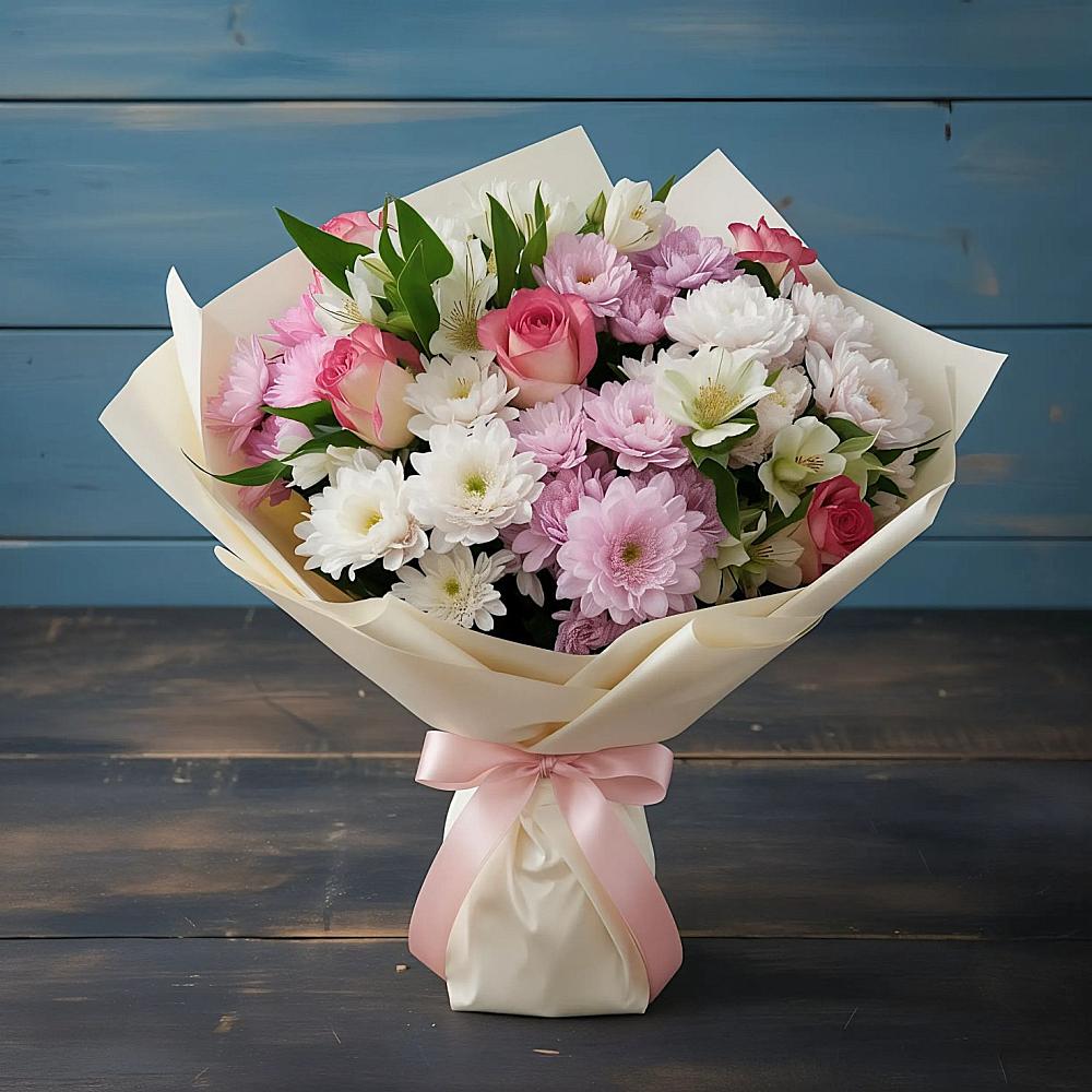 Букет цветов из: Хризантемы, Альстромерии и Розы в Митрофановке